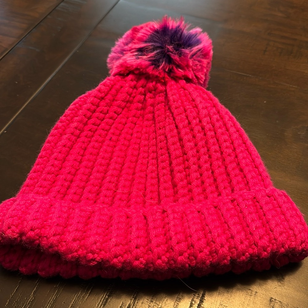 Kate Spade NY "hats off" beanie - 100% wool with pink/purple faux fur pom pom